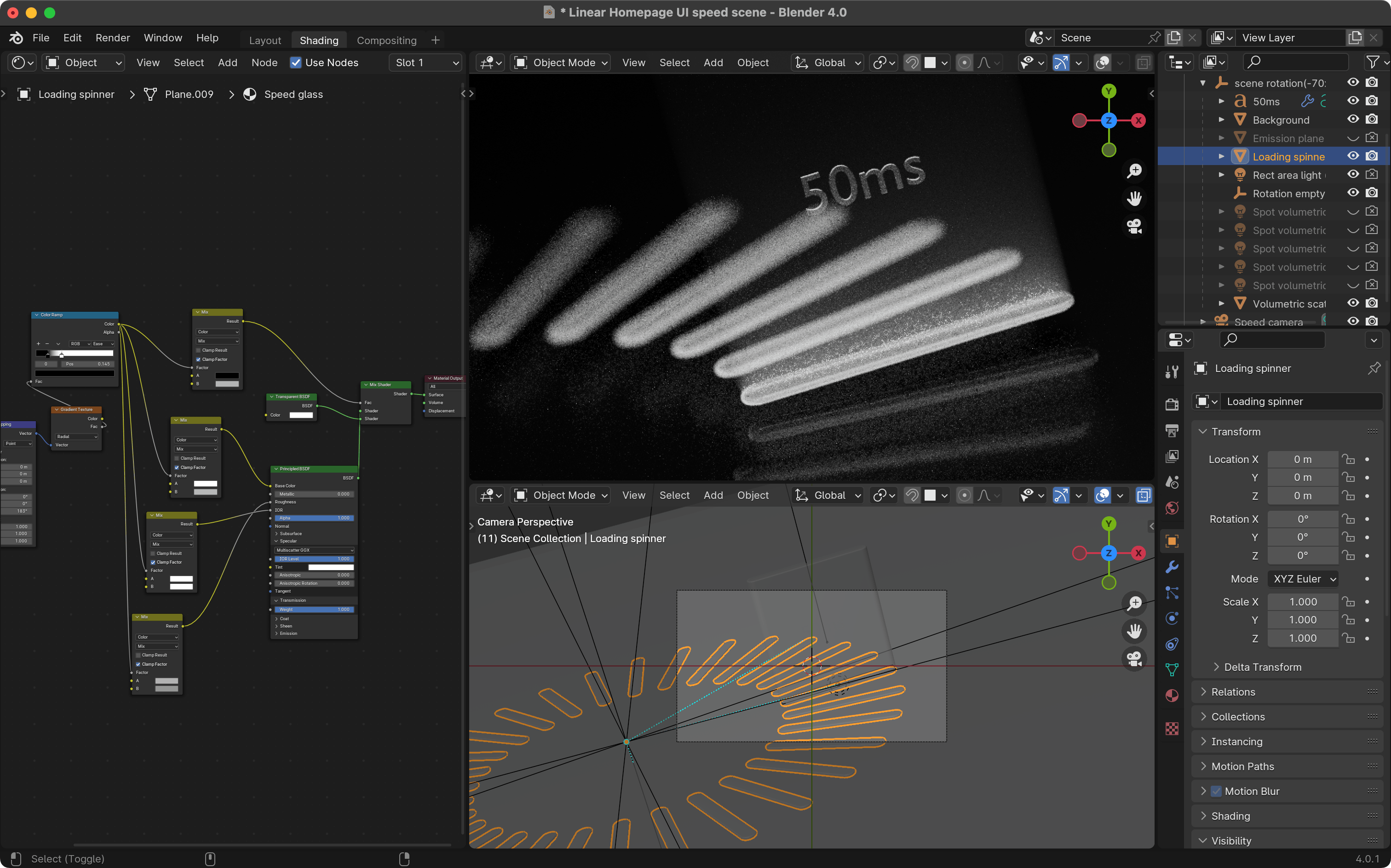 The Blender UI showing the development of the Speed graphic